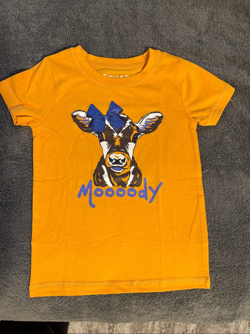 Cruel Girl Mustard Yellow Cow Graphic Tee with Blue Bow
